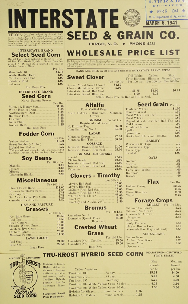 Papier mit Großhandelspreisen für Saatgut und Getreide von Interstate Seed & Grain Co., mit Logo oben und handgeschriebenen Einkaufslisten unten.