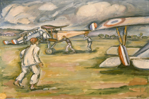 Bild mit dem Titel 'Der Flug des Flugzeugs' von Paul Cézanne, 1891, das Männer bei der Arbeit an einem Flugzeug in einem Feld mit Bäumen und einem bewölkten Himmel zeigt.