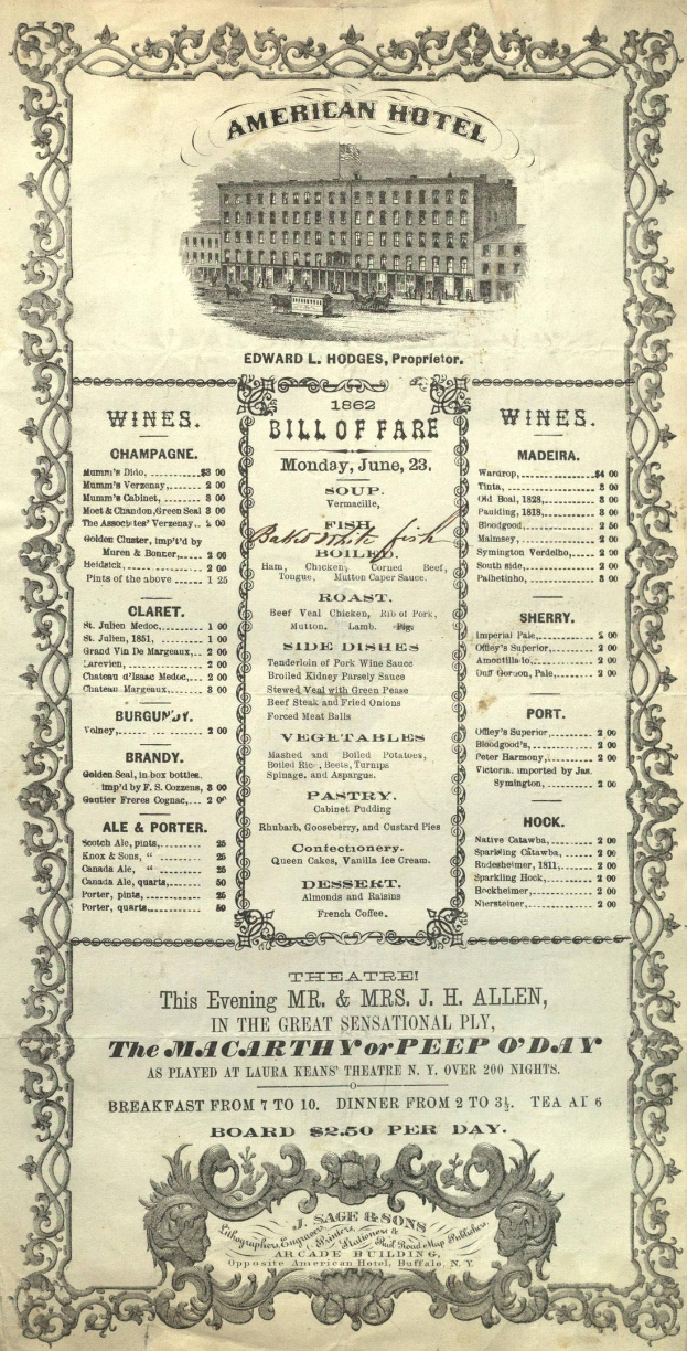 Ein Buch mit dem Titel "American Hotel Bill of Fare von 1862", das ein Gebäude auf dem Cover zeigt und Text enthält, der die Angebote des Restaurants auflistet.