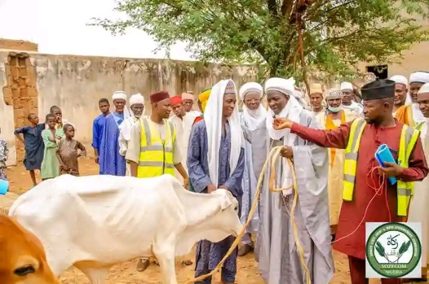 Eine Gruppe von Menschen steht um eine weiße Kuh herum, ein Mann hält ein Seil, vor einer Wand, einem Baum und einem klaren blauen Himmel, wahrscheinlich bei der Einweihung einer nigerianischen Rinderfarm.