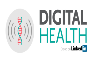 Weißer Hintergrund mit einem blauen Kreis-Logo, das eine weiße DNA-Strang enthält, auf der linken Seite und fetter schwarzer Text "Digital Health Group auf LinkedIn" auf der rechten Seite.