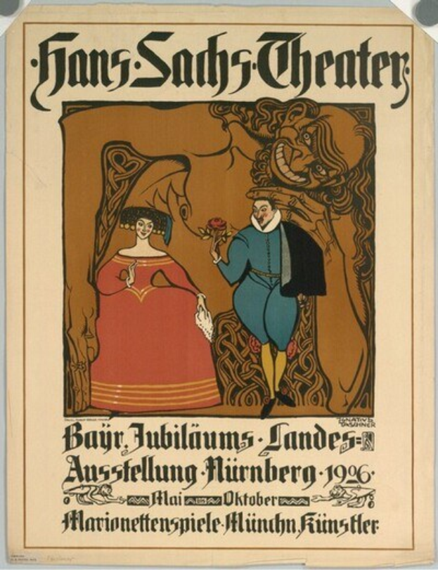 Ein Plakat für das Hans-Sachs Theater in München, Deutschland, das einen formell gekleideten Mann und eine Frau zeigt, die nebeneinander vor einem tiefblauen Hintergrund mit Sternen stehen.