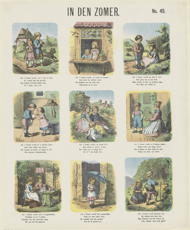 Ein farbenfrohes Kinder-Malbild von Kindern, die in einem üppigen Garten spielen, mit spielerischem Text und strahlenden Gesichtern.