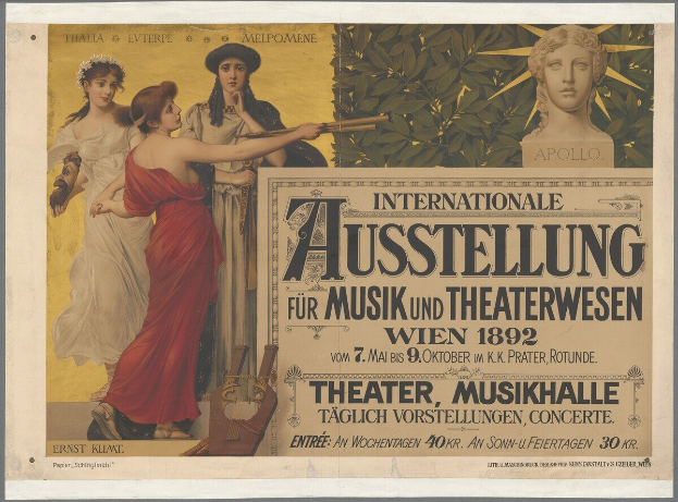 Plakat für die Internationale Ausstellung für Musik und Theaterwesen in Wien, das eine Gruppe von Menschen in einem Kreis mit einer Frau, die ein Musikinstrument hält, in der Mitte zeigt und Text, der die Veranstaltungsdetails bereitstellt.