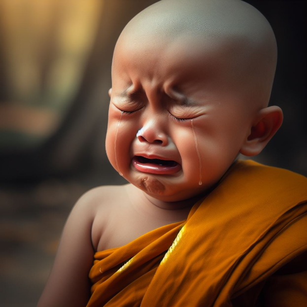 Ein Baby mit Tränen im Gesicht, die Augen geschlossen und der Mund weit aufgerissen, vor einem unscharfen Hintergrund.