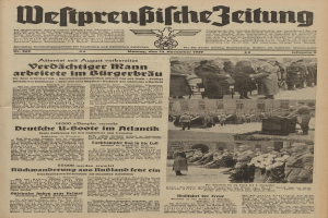 Schwarze Titelseite einer deutschen Zeitung vom 13. November 1939 mit der Überschrift 'Weitpreubliche Zeitung', die eine Gruppe von Menschen in traditioneller deutscher Kleidung in einer feierlichen Atmosphäre zeigt.
