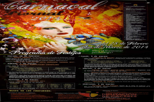 Eine Frau in einem farbenfrohen Kleid, die fröhlich in die Mitte eines leuchtend gelben Plakats schaut, umgeben von schwarzem, fetten Text, der 'Karnevalsfest 2014' lautet.