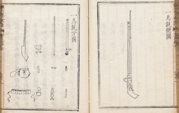 Offenes Buch mit einer detaillierten Schwertzeichnung auf der linken Seite und kunstvollen Skizzen und Text auf beiden Seiten.