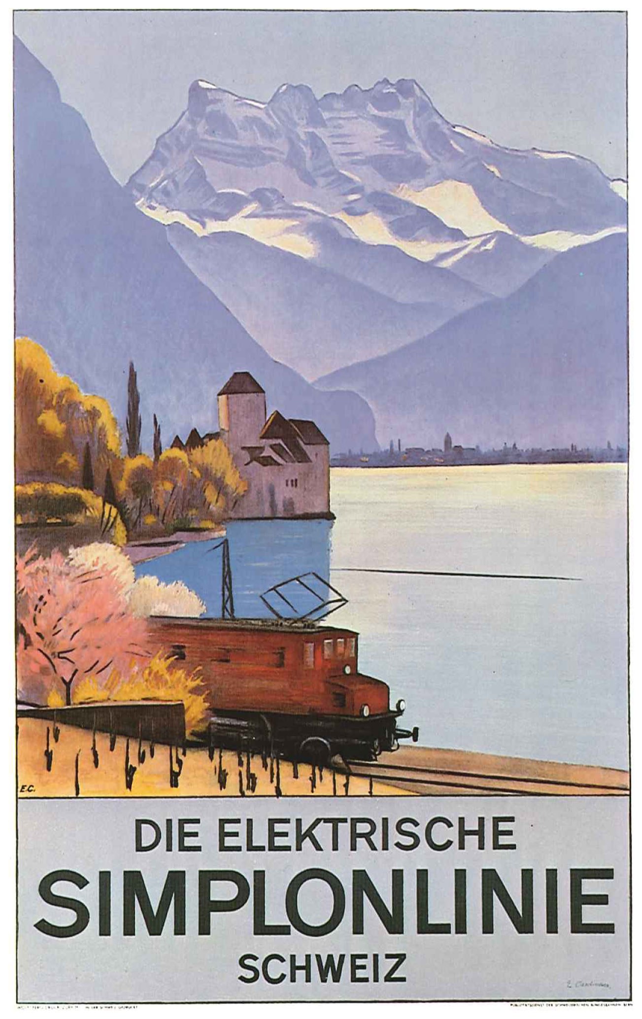 Plakat, das Schweizerische Bundesbahn mit einem Zug auf Schienen neben einem See, umgeben von Bäumen, einem Gebäude und Bergen im Hintergrund anpreist.