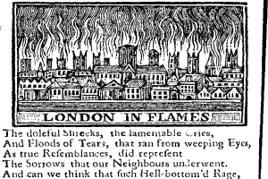 Schwarz-weiß-Zeichnung einer brennenden Stadt mit der Unterschrift "London in Flammen" unten.