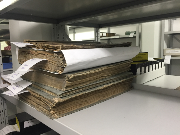 Stapel alter Bücher mit Papieren auf einem weißen Bibliothekregal, mit zusätzlichen Büchern und Gegenständen im Hintergrund.