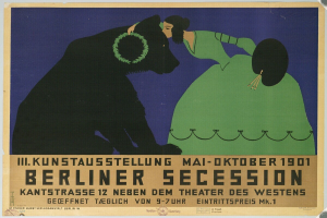 Plakat für die Berliner Secession mit einer Frau in grünem Kleid und einem Mann in schwarzem Anzug, mit Text zur Beschreibung des Ereignisses.