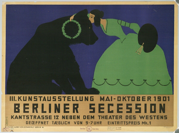 Plakat für die Berliner Secession mit einer Frau in grünem Kleid und einem Mann in schwarzem Anzug, mit Text zur Beschreibung des Ereignisses.