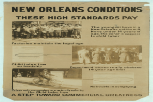 Plakat mit der Aufschrift "New Orleans Bedingungen: Diese hohen Standards zahlen" mit Bildern von Menschen, darunter einer, der ein Fahrrad fährt.
