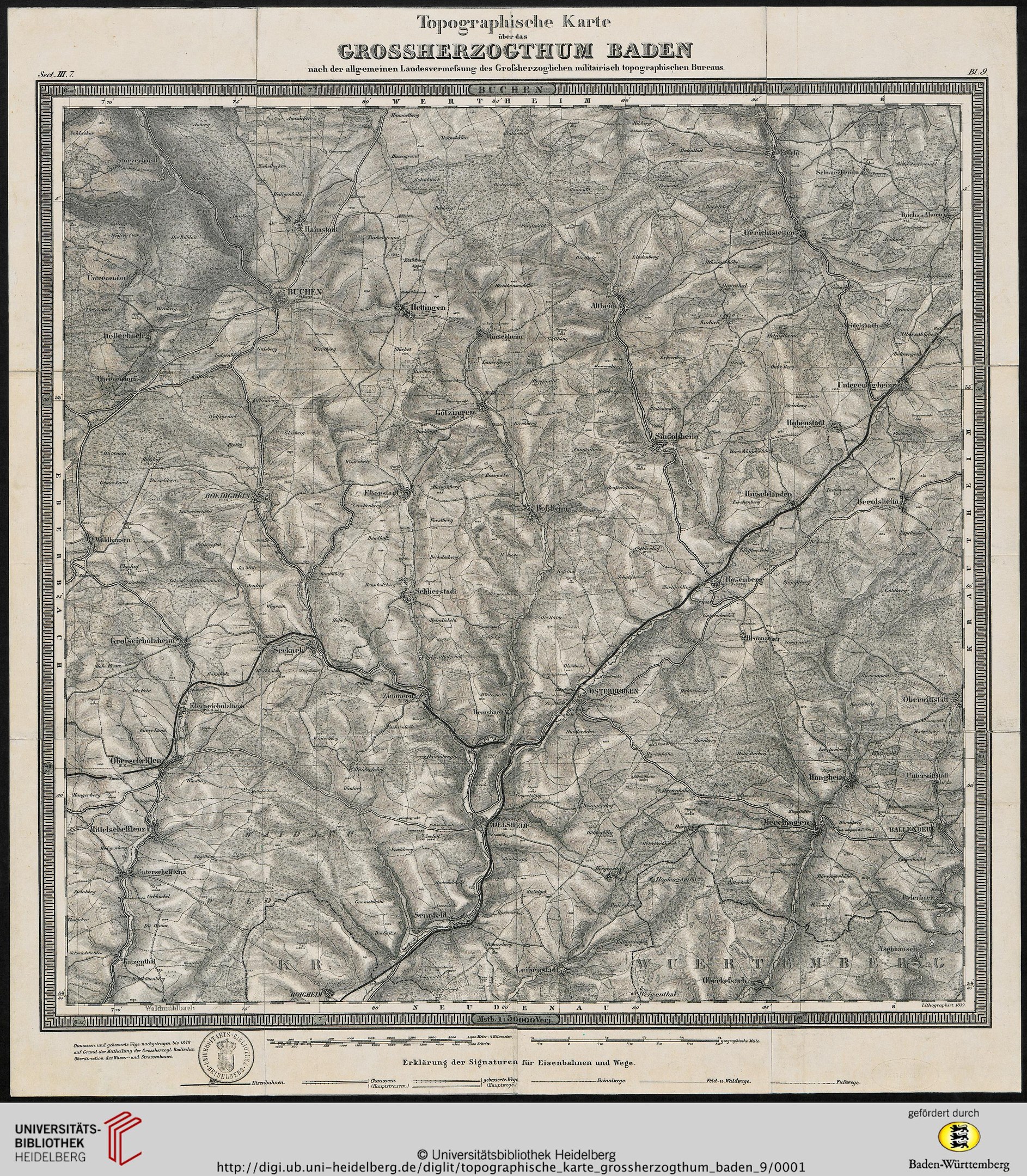 Alte topografische Karte von Baden-Württemberg, Deutschland, gerahmt und mit Geländekonturen, Höhenangaben und geografischen Namen.