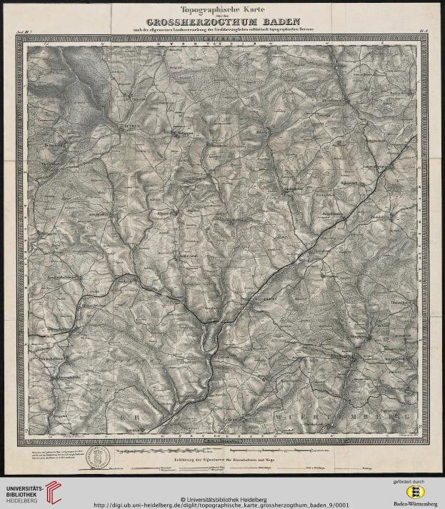 Alte topografische Karte von Baden-Württemberg, Deutschland, gerahmt und mit Geländekonturen, Höhenangaben und geografischen Namen.