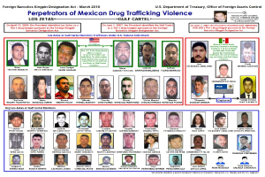 Plakat betitelt 'Verbrecher der mexikanischen Drogenhandel Gewalt' mit Bildern verschiedener Personen mit ernsten Gesichtsausdrücken vor einem hellblauen Hintergrund.