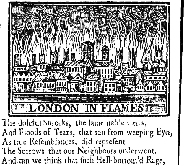 Schwarze und weiße Illustration einer Stadt in Flammen mit dem Text "London in Flames" unten.