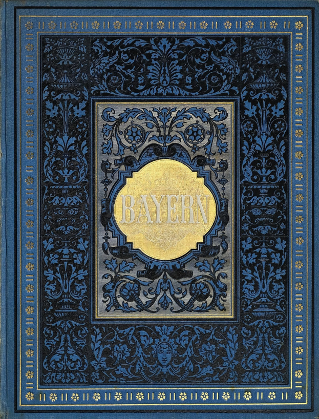 Ein blau-goldenes Buch mit dem Wort 'Bayern' auf dem Cover, verziert mit detailreichen Designs.