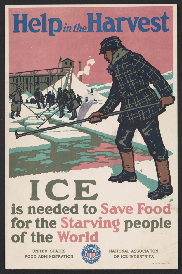 Plakat mit einer Person in weißem Hemd und blauen Jeans, die in einem verschneiten Feld unter einem hellblauen Himmel steht, mit fetter schwarzer Schrift, die "Hilfe bei der Ernte - Eis ist nötig, um Lebensmittel für die hungernden Menschen der Welt zu retten" lautet.