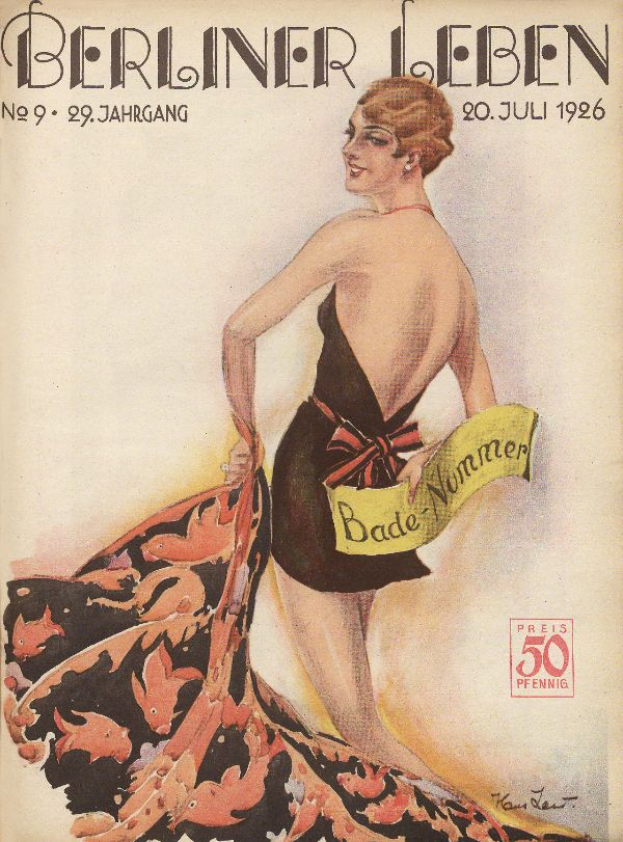 Eine Frau in Badeanzug steht auf dem Cover der Berliner Leben Zeitschrift vom Juni 1926, mit einem Tuch in der Hand, und der Zeitschriftentitel quer darüber.