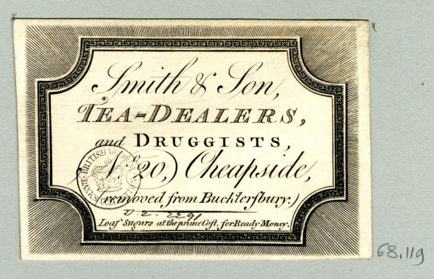 Papier mit gedrucktem Text, der "Smith & Son Tea Dealers, and Drugists, 20 Cheapside" lautet.