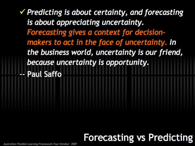 Ein schwarzer Hintergrund mit weißer Schrift, die "Forecasting vs Predicting: Predicting is about certainty, and forecasting is about appreciating uncertainty." lautet.