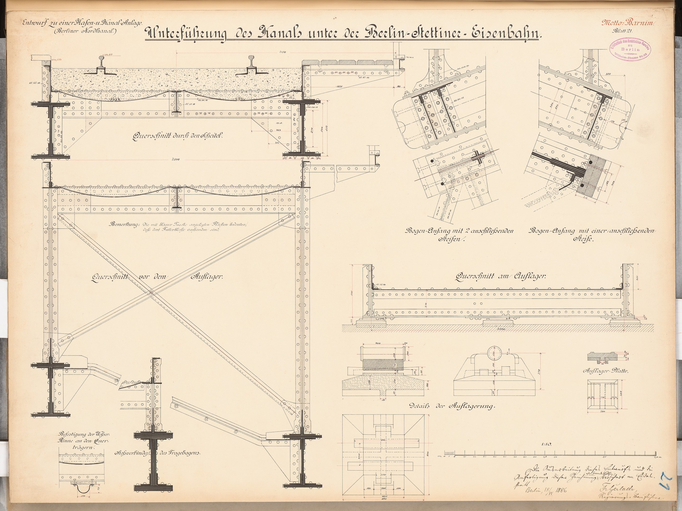 Ein detailliertes architektonisches Zeichnung des Berlin-Sienbahn-Brücken, das strukturelle Pläne und Anmerkungen auf Papier zeigt.