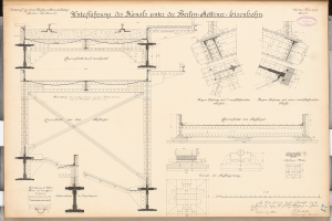 Ein detailliertes architektonisches Zeichnung des Berlin-Sienbahn-Brücken, das strukturelle Pläne und Anmerkungen auf Papier zeigt.