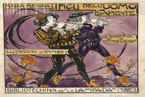 Ein altes Buch mit einer farbenfrohen Illustration von zwei Menschen, die Flöten spielen, umgeben von blühenden Blumen und klassischem Text.