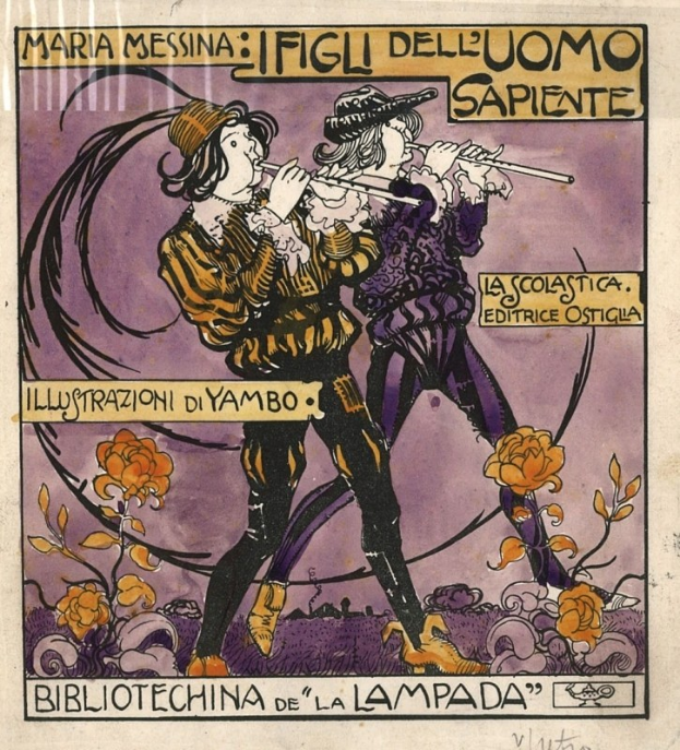 Ein altes Buch mit einer farbenfrohen Illustration von zwei Menschen, die Flöten spielen, umgeben von blühenden Blumen und klassischem Text.