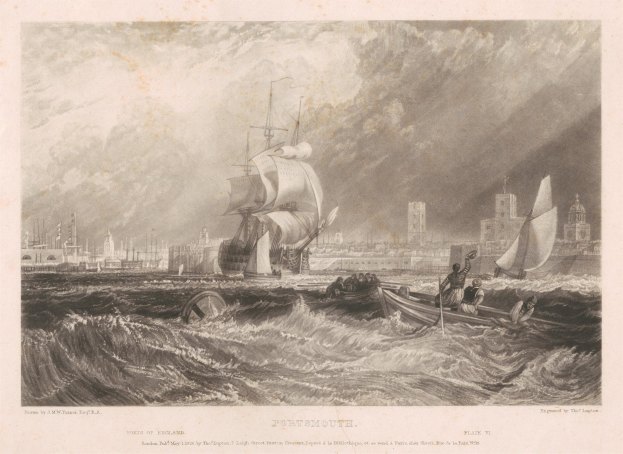 Eine Gravur eines Schiffs im Meer mit Menschen darauf, umgeben von Gebäuden und einem bewölkten Himmel, mit der Inschrift "Portsmouth, England von Thomas Rowlandson" unten.