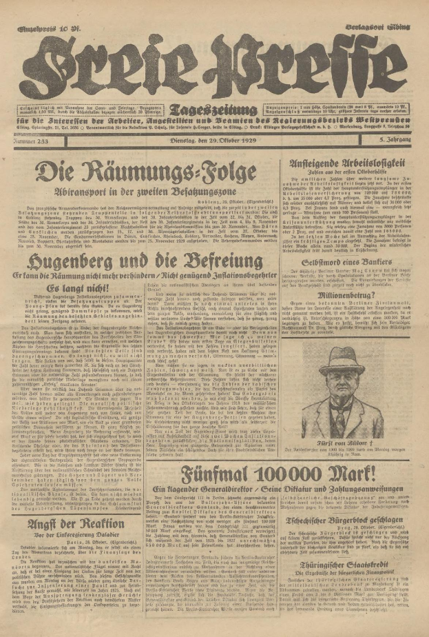 Alte deutsche Zeitung vom 29. September 1929 mit einem Foto eines Mannes in Anzug und Krawatte mit Hut, das die Schlagzeile 'Sugenberg und die Befreiung' trägt.