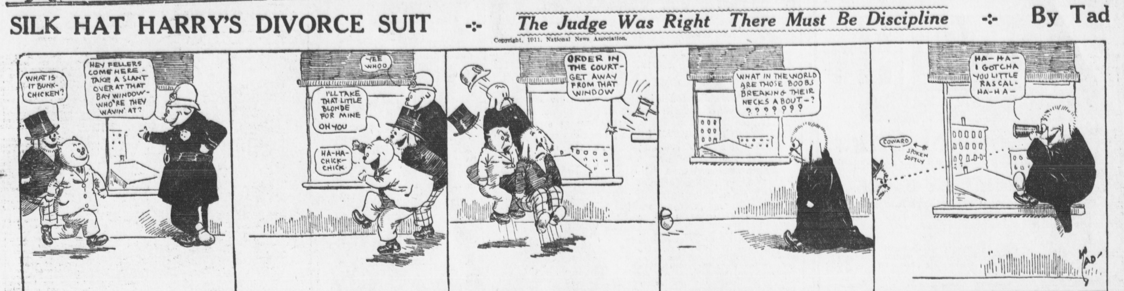 Cartoon-Illustration eines Mannes in schwarzem Anzug mit weißem Hemd und schwarzer Krawatte und einer Frau in einem eleganten Kleid mit schwarzem Schal, beide mit ernsten Gesichtern, beschriftet mit "Scheidungskostüm."