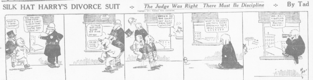 Cartoon-Illustration eines Mannes in schwarzem Anzug mit weißem Hemd und schwarzer Krawatte und einer Frau in einem eleganten Kleid mit schwarzem Schal, beide mit ernsten Gesichtern, beschriftet mit "Scheidungskostüm."