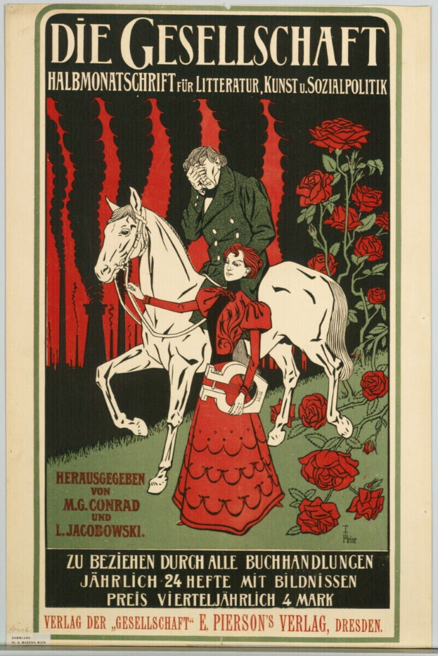 Ein Mann und eine Frau auf einem Pferd umgeben von Rosen auf einem Propagandaplakat der Gesellschaft.