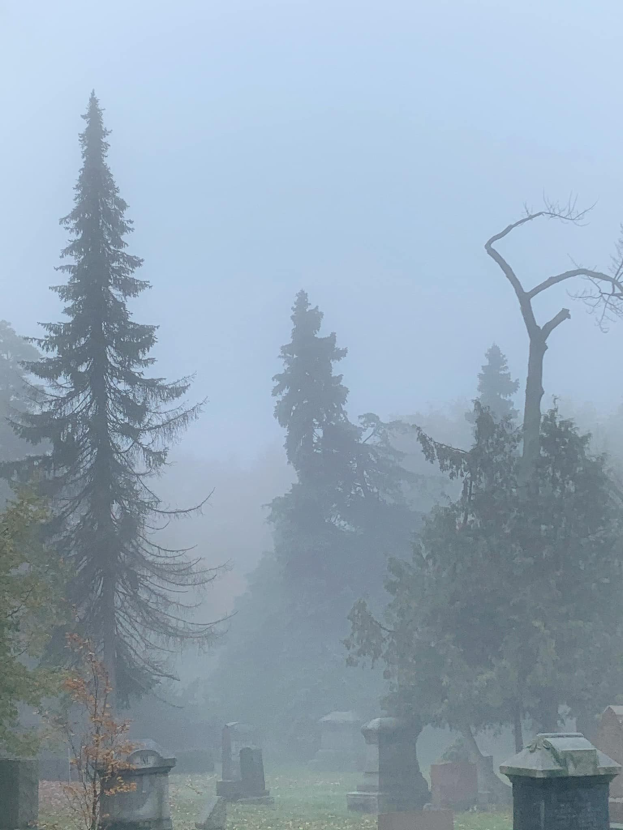Ein nebeliger Friedhof mit verstreuten Grabsteinen und Bäumen im Hintergrund unter einem trüben grauen Himmel.