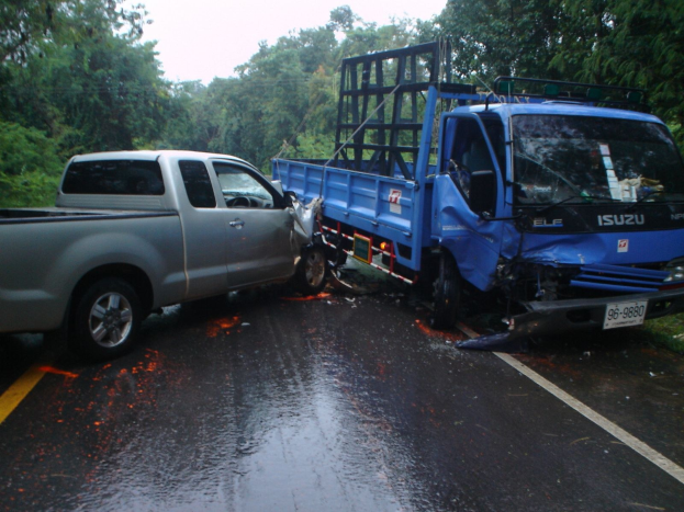Ein Truck mit verbeulter Front und eingedellter Karosserie am Straßenrand, umgeben von Bäumen unter einem klaren blauen Himmel.