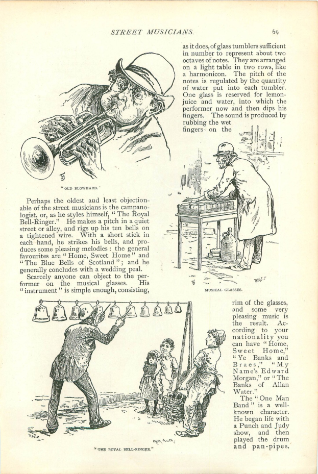 Ein altes Buchillustration, das einen Mann mit Hut zeigt, der eine Trompete spielt, umgeben von Text und anderen Figuren, was auf einen Musiker hindeutet.