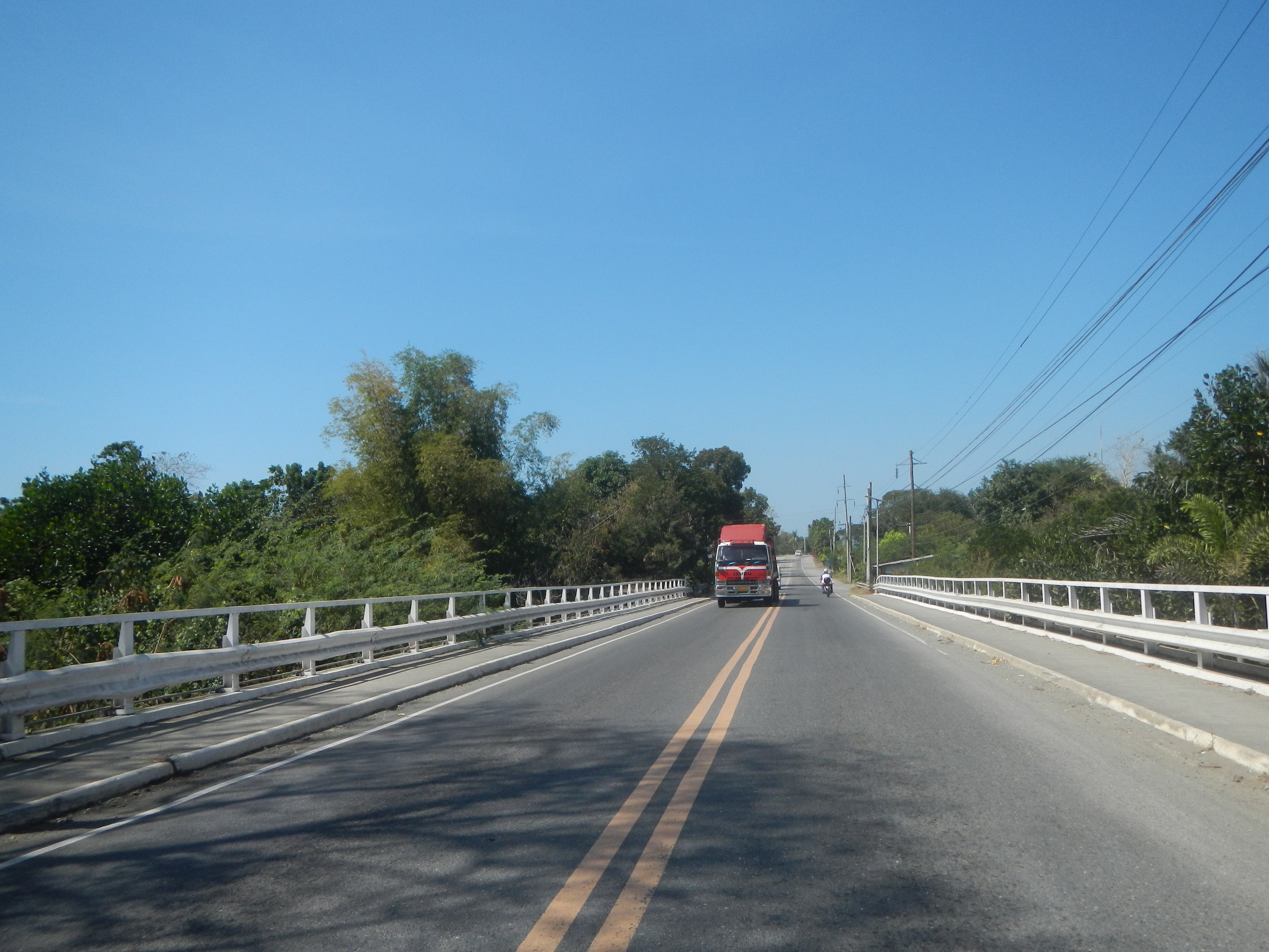 Ein roter Lkw fährt über eine Brücke mit Geländern, umgeben von Bäumen und Strommasten mit Drähten, unter einem klaren blauen Himmel.