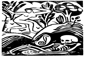 Eine Schwarz-Weiß-Zeichnung eines Skeletts, das auf dem Boden in einem grünen Wald liegt, mit ausgestreckten Armen und dem Kopf auf dem Rücken ruhend, während eine Person im Hintergrund nach oben zum Skelett schaut, unter einem tiefblauen Himmel.