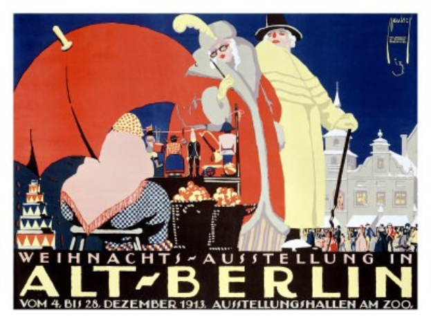 Plakat für eine Weihnachtsausstellung in Alt-Berlin mit leuchtenden Illustrationen von Menschen, Gebäuden und Gegenständen und dem Text "Weihnachts Ausstellung in Alt-Berlin" oben drauf.