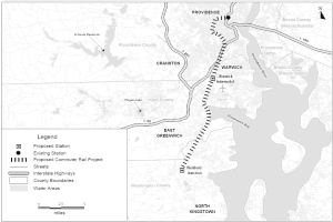 Schwarze und weiße Stadtkarte mit einem Fluss, beschriftet mit "Vorgeschlagenes Nahverkehrsbahnprojekt" auf der linken Seite, die Straßen, Autobahnen und Stadtmerkmale zeigt.