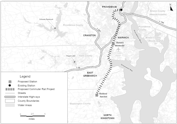 Schwarze und weiße Stadtkarte mit einem Fluss, beschriftet mit "Vorgeschlagenes Nahverkehrsbahnprojekt" auf der linken Seite, die Straßen, Autobahnen und Stadtmerkmale zeigt.