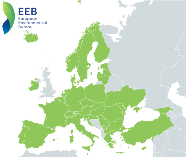 Eine Europa-Karte mit dem Logo des Europäischen Umweltbüros in der linken oberen Ecke, die in verschiedenen Grüntönen schattiert ist, um die EU-Regionen anzuzeigen.