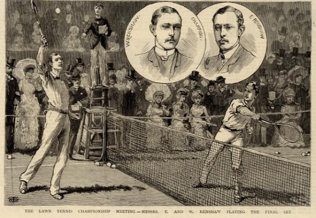 Schwarze und weiße Zeichnung von zwei Männern, die auf einem Platz mit einem Netz und Zuschauern im Hintergrund Tennis spielen, mit der Beschriftung "The Lawn Tennis Championship Meeting - Messers, E and W Renshaw Playing the Final Set" unten.
