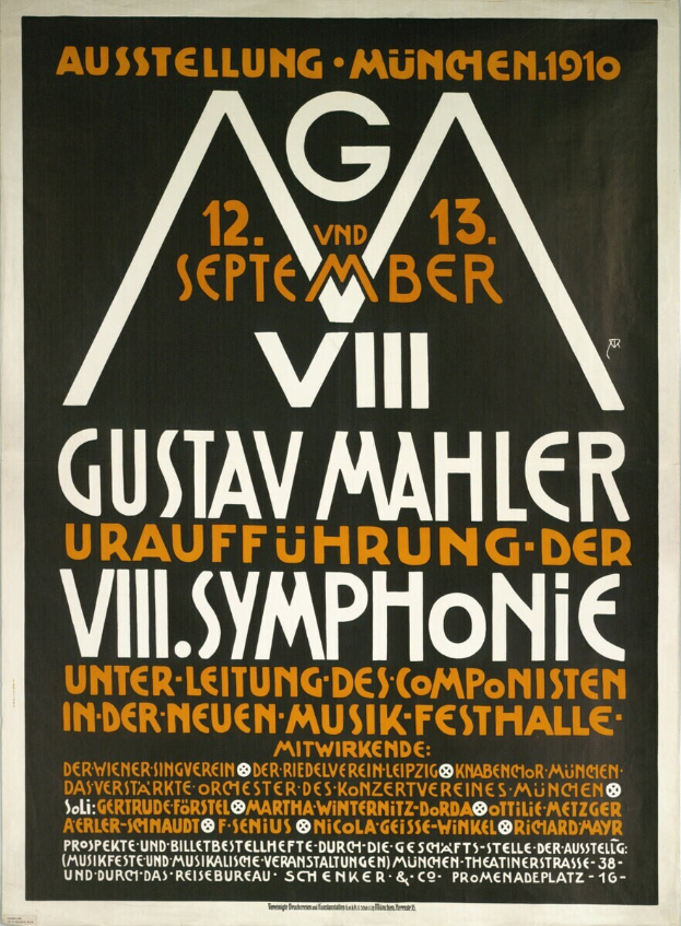 Ein Plakat für Gustav Mahlers sinfonisches Konzert in München, Deutschland, mit Text darauf.