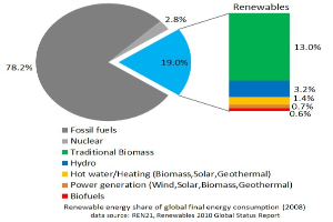 Tortendiagramm, das den globalen Verbrauch erneuerbarer Energien im Jahr 2008 zeigt, mit Abschnitten für fossile Brennstoffe, Kernenergie, Wasser, Heizung, Biomasse, Solarenergie, Geothermie und Biokraftstoffe.