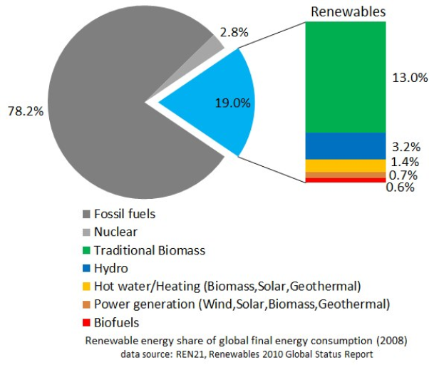 Tortendiagramm, das den globalen Verbrauch erneuerbarer Energien im Jahr 2008 zeigt, mit Abschnitten für fossile Brennstoffe, Kernenergie, Wasser, Heizung, Biomasse, Solarenergie, Geothermie und Biokraftstoffe.