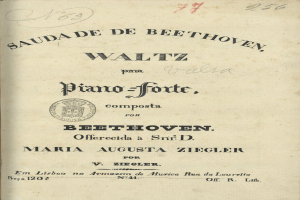 Titelblatt eines alten Buches mit der Aufschrift "Waltz Piano-Forte, Composition for Beethoven" aufgeschlagen auf einer Seite mit schwarzem Text.